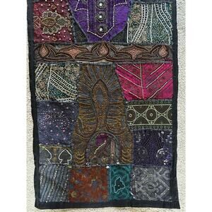 Vintage beaded tapestry wall hanging vertical dark beaded ethnic bohemian 20x60”